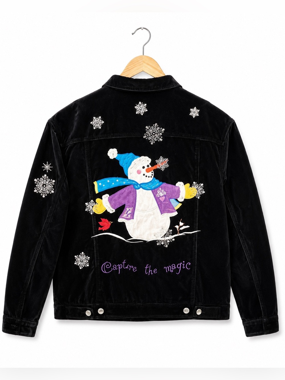 VTG 90s Quacker Factory Blk Velvet Snowman Christmas Jacket Rhinestone coat L XL